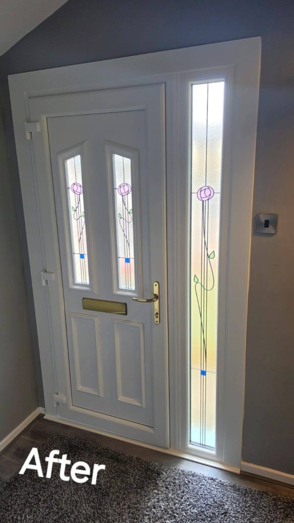 After: the same front door from inside, white finish with decorative rose glass and a glazed side panel