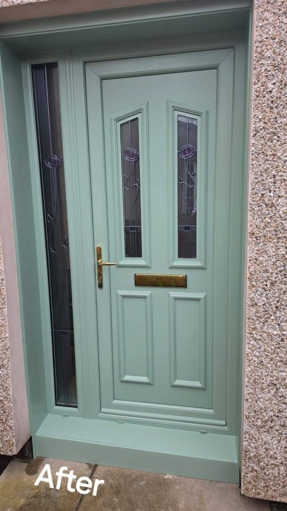 After: sage green front door and glazed side panel with decorative rose glass, seen from outside